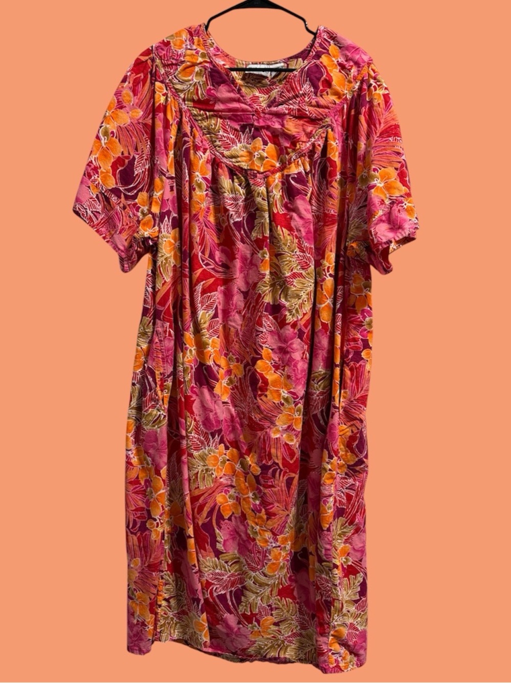 Phases Vibrant Pink Floral Hawaiian-Style Short Sleeve Cotton Maxi Dress